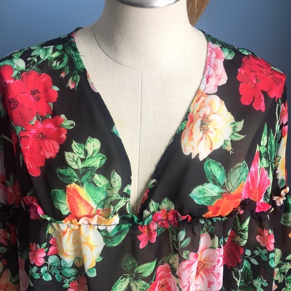 ASOS black floral 3/4 sleeves layered V neck see through top size 14 - Picture 2 of 12